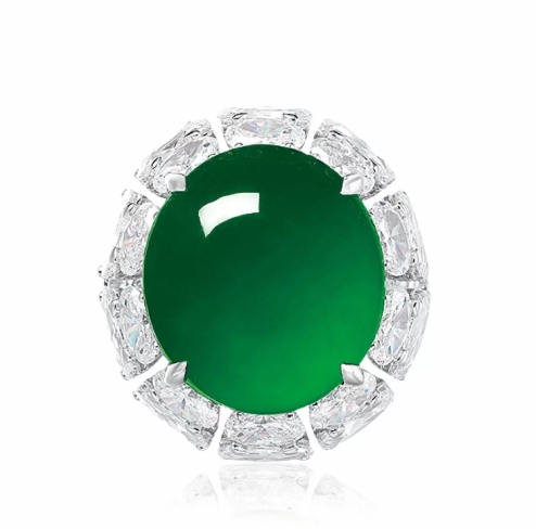 Natural Jadeite Cabochon with Diamond Ring - GIA